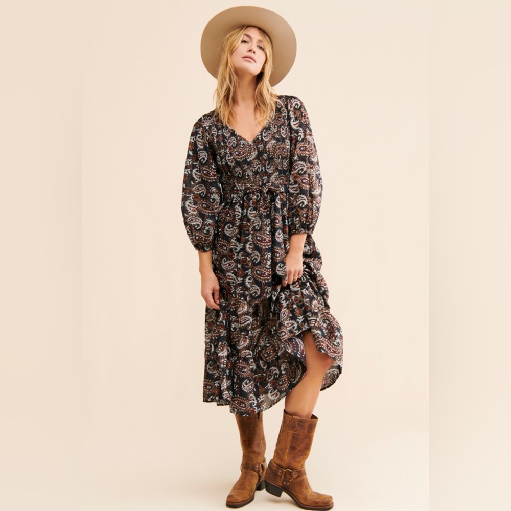 Cleobella Black and Brown Paisley Long Sleeve Dress